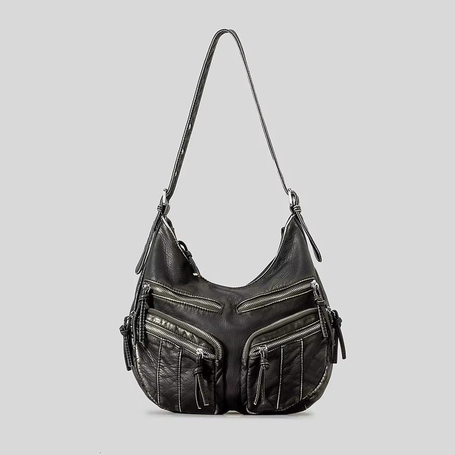 Vintage Multiple Pockets Motorcycle Hobos Women Shoulder Bags Soft Pu Leather Crossbody Bag Retro College Lessons Sac