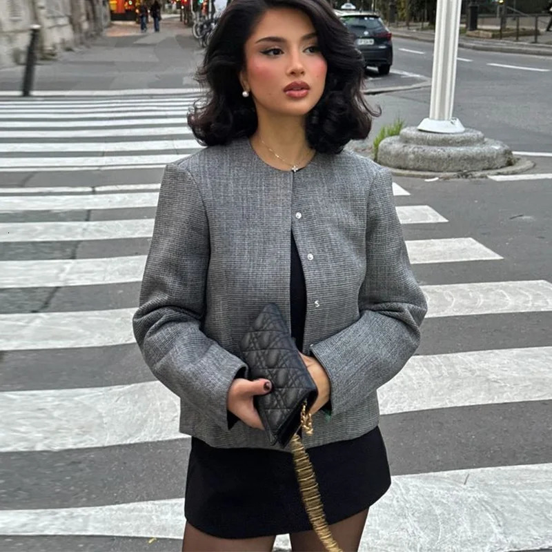 Elegant Gray Coat Mini Skirt Sets Women 2024 Slim Long Sleeve O-neck Single-breasted Button Coats A-line Skirts Two Piece Set 250121