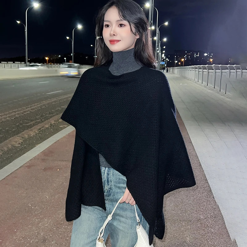 Wool Knitted Korean Edition Internet Celebrity Shawl Autumn/Winter Warm Solid Color Hollow Scarf Fashion Cloak High end Coat 250120