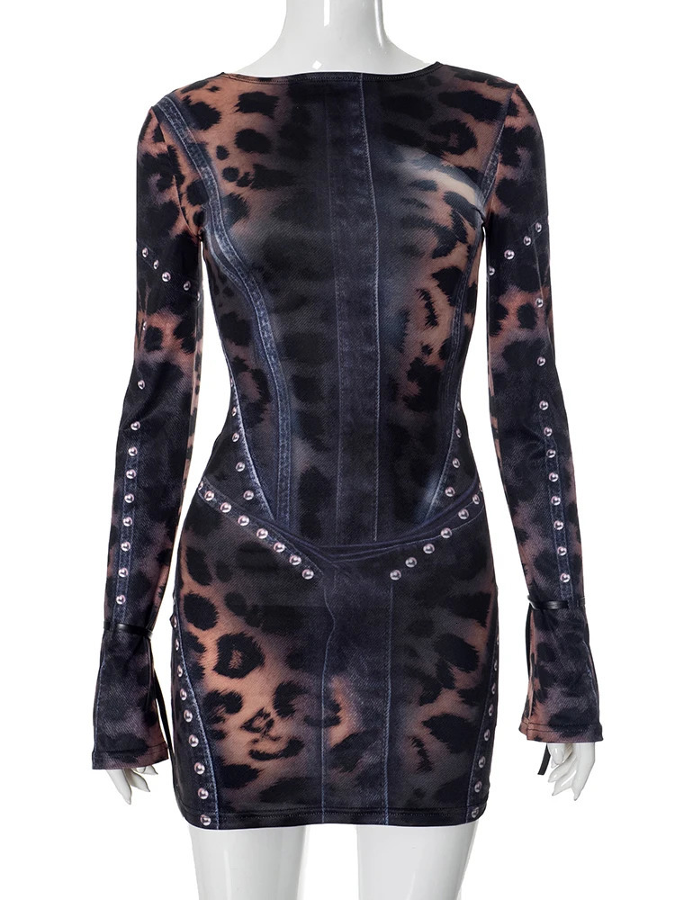 Nibber Leopard Print Women Dress Rivet Frenulum Gradient Long Sleeves Skinny Midnight American Retro Rock Style Mini Bodycon 250113