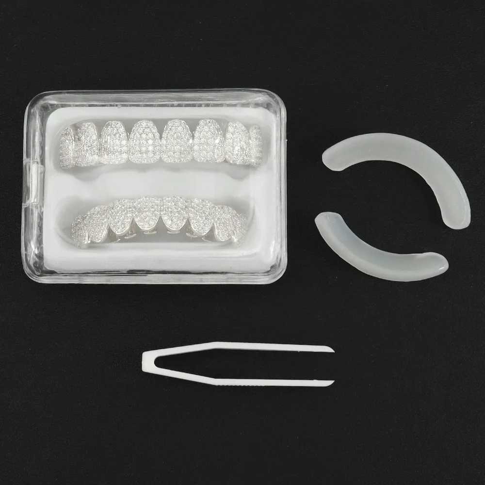 Hip Hop Full Iced Out CZ Stones Teeth Grillz Caps Cubic Zircon Top Bottom Charm Grills Set For Men Women Jewelry GiftXJ250114