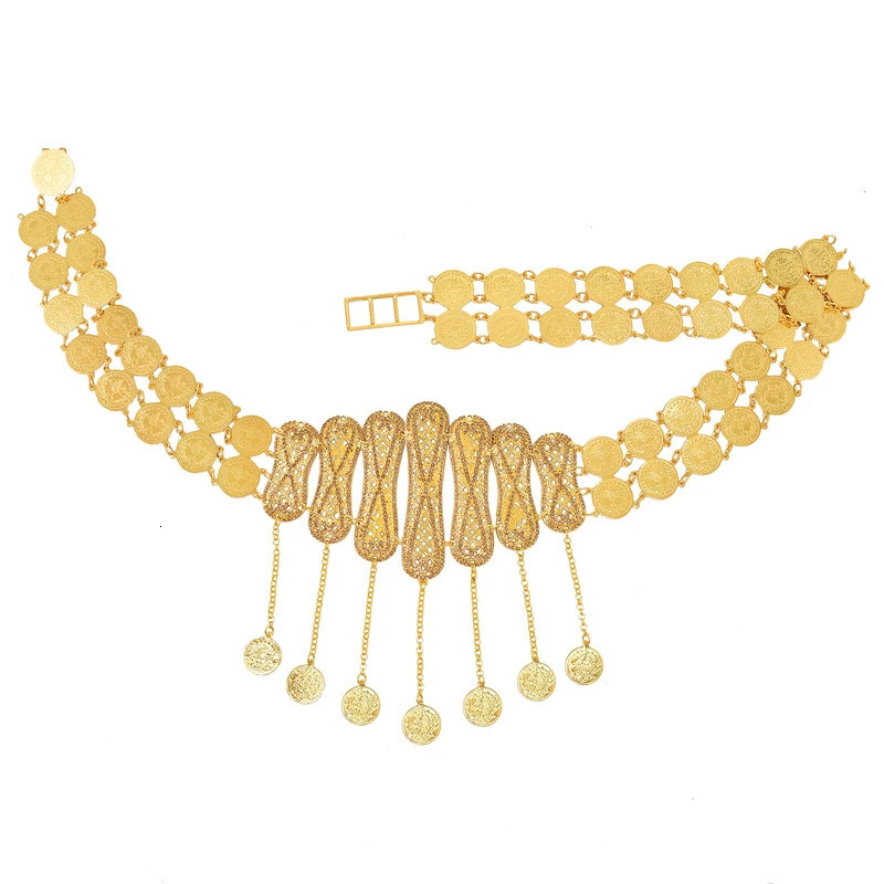 Rhinestones Women Body Chains Bohemian Ethnic Gypsy Coins Tassels Waist Chains Glossy Metal Bilayer Carved Belly Dance Chains 250117
