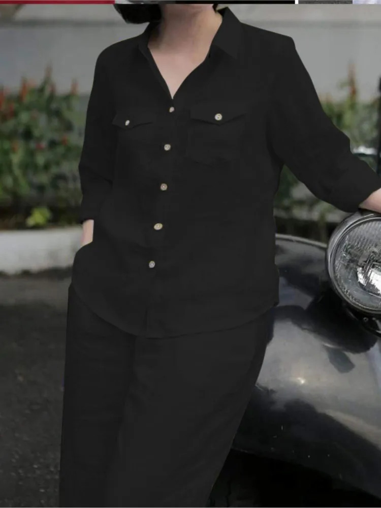 Womens Elegant Lapel Neck Long Sleeve Shirt Pants Sets 2PCS Fashion Autumn Outifits Solid Work Trousers Suits Tracksuit 250118