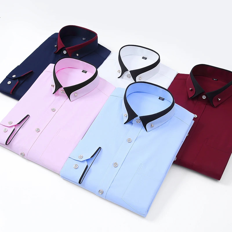 Mens Business Dress Shirts long Sleeve Contrast Collar Social Camisa With Diamond Antiwrinkle Button Down Black Blue 250110
