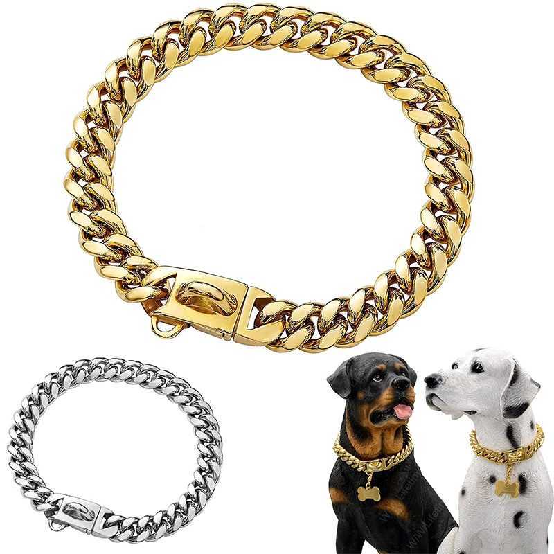 14mm Gold Dog Chains Collar for Dogs Stainless Steel Metal Luxury Necklace Pet Accessory X250129