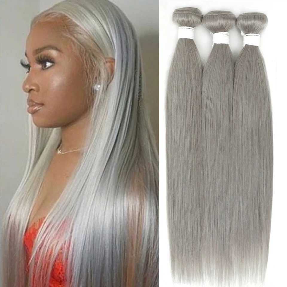 10-30 Colored Sliver Grey Straight Human Hair Bundles With Clo Frontal 100% Unprocessed Virgin 3/4 Bundles With CloXJ250120