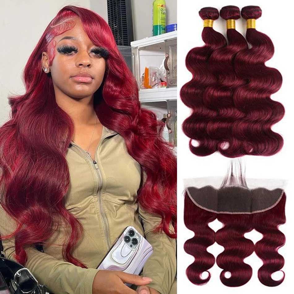 99J Body Wave Bundle with Frontal Human Hair 3 Bundle With 13x4 Lace Frontal Clo Body Wave Dark Burgundy Bundle with FrontalXJ250120