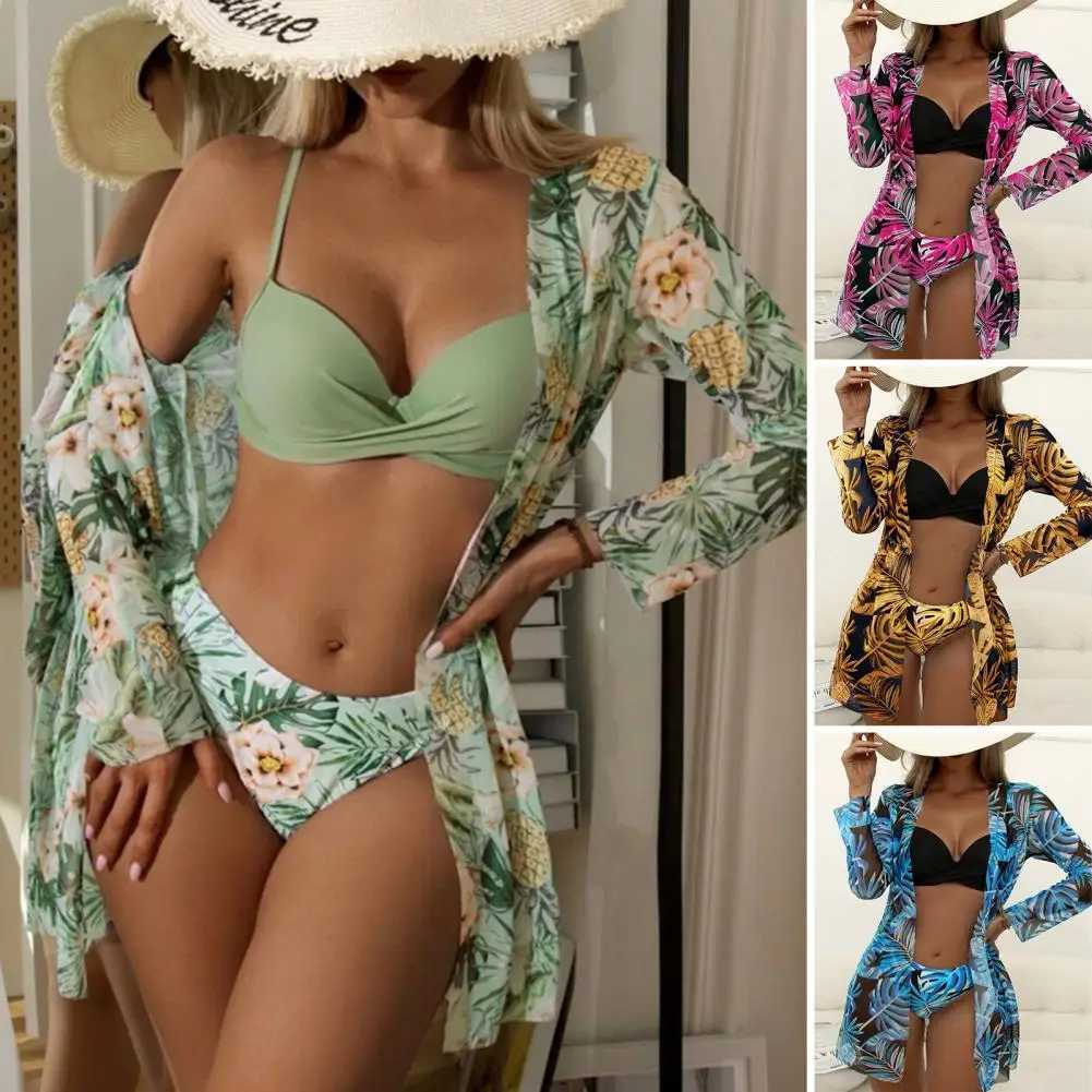 3Pcs/Set Women Bikini Set Sling Bra High Waist Swimming Briefs Floral Print Cover-up Set Summer Beachwear Bathing SuitXJ250120