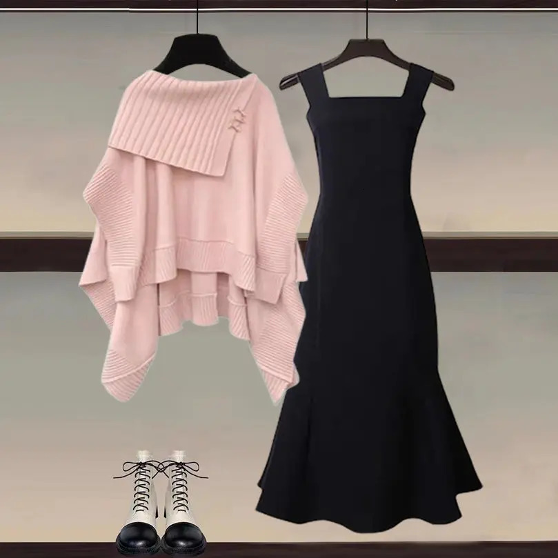 Autumn and winter fashion set for women n feeling of Maillard knitted sweater pendant sexy dress twopiece 250122