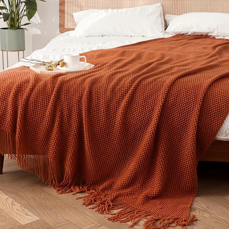 1pc Morandi Orange Tassel Knitted Blanket Soft Warm Throw Blanket Nap Blanket For Couch Sofa Office Bed Camping Travelling 250113