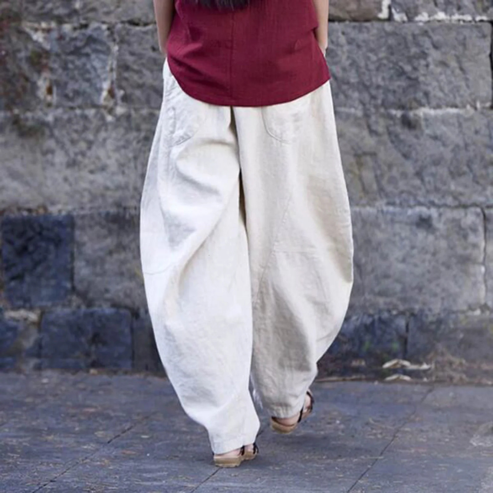Cotton Linen Loose Fitting Women Casual Cargo Pants Solid Baggy Pants Woman Trousers 250117