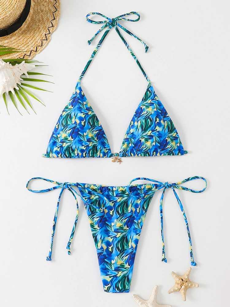 Circyy Bathing Suit Women Sexy Printed Swimwear Lace Up Holiday Bikini Set Two-pieces Swimsuit Summer New Halter Split BeachwearXJ250120
