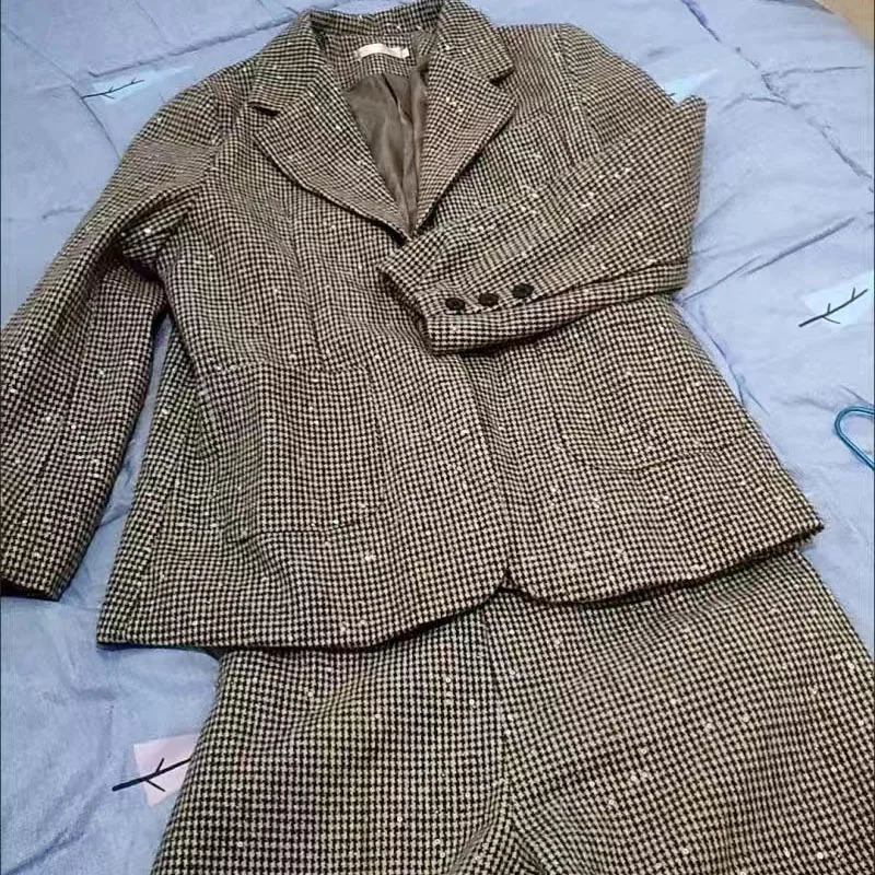 Spring Fall Plaid Sequins Suits Office Full Sleeve Blazer Jackets High Waist Short Pants Outfits Elegant 2 Pieces Sets 250122
