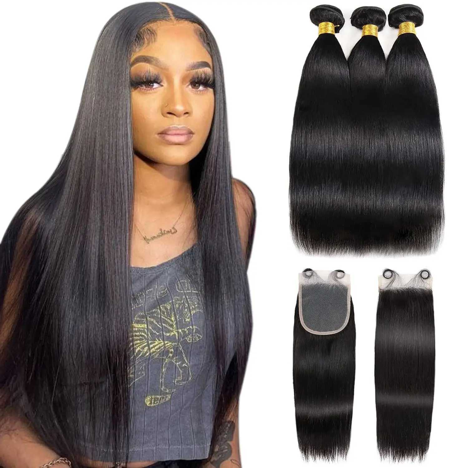 Straight Human Hair Bundles with Clo 100% Unprocessed Brazilian Human Hair 3 Bundles with Frontal 4x4 Clo with Baby HairXJ250120