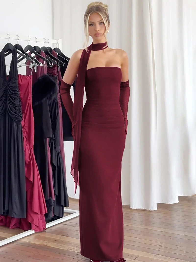 DGLUKE Elegant Strapless Maxi Dresses Woman Ruched Bodycon Backless Long Dress Burgundy Evening Prom Dress With Gloves 250107