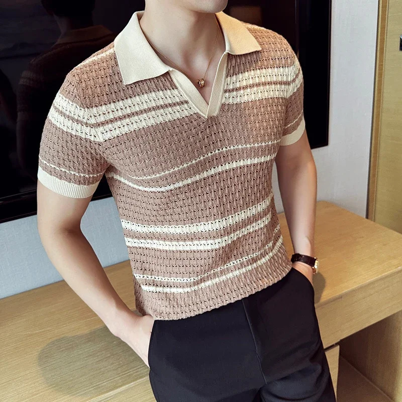 Mens Knitted Polo Shirt Summer Fine Stripe Jacquard Patch Work Color Short Sleeve Casual V-neck T-shirt Mens Clothing 250118