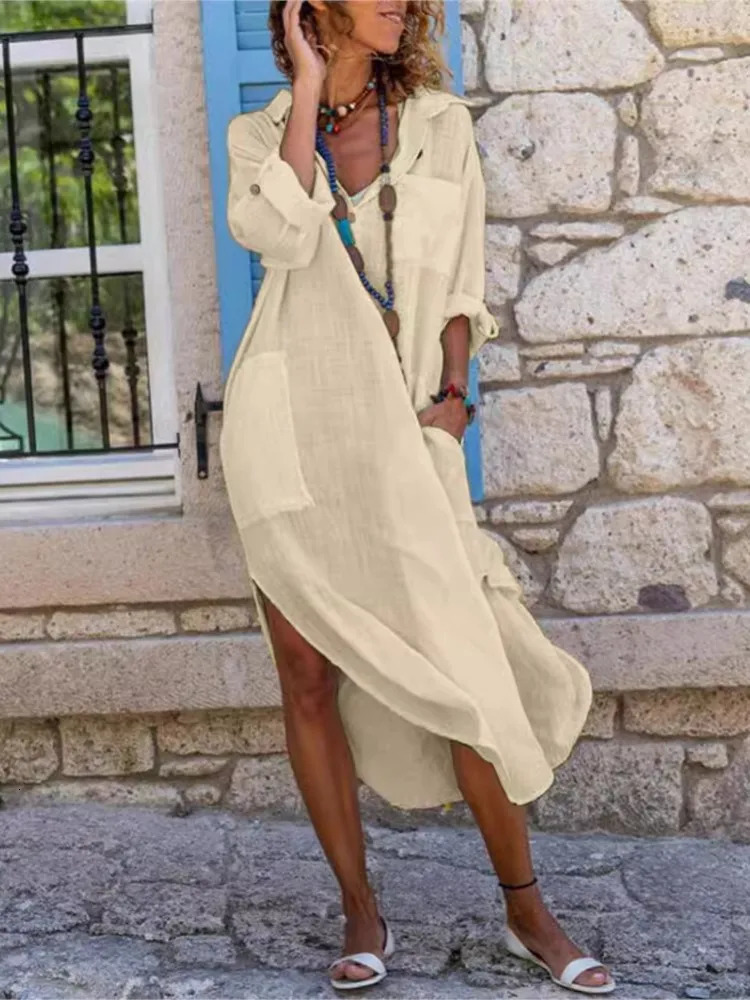 Spring Autumn Women Fashion Dresses Solid Button Slit Loose Casual Shirt Cotton And Linen Long Dress Female Dress Robe Femme 250122