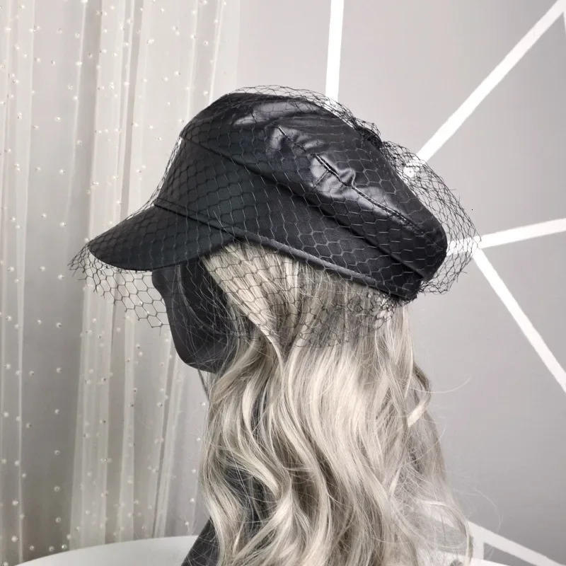 Spring and summer black PU lace veil sboy caps Fmale Flat top Mesh letter multiple styles fashion hats 250118