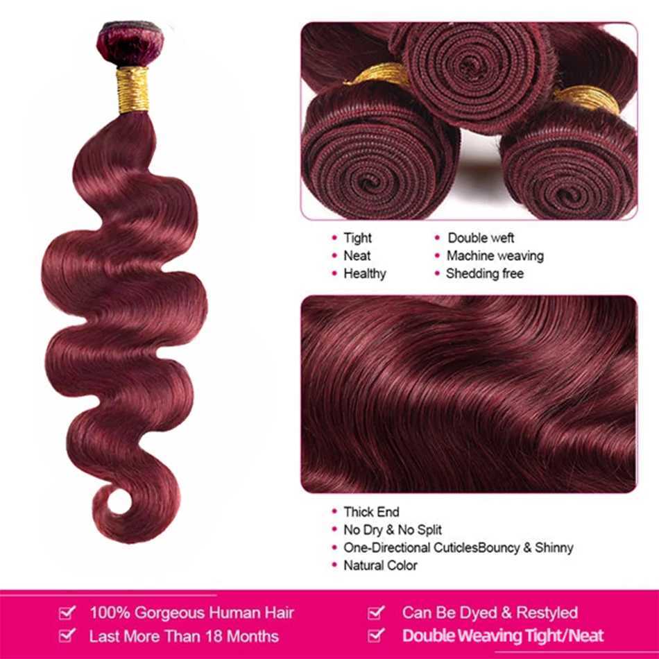 Burgundy #99j Body Wave 2/3 Bundles With Frontal Brazilian Human Hair Red Bundles With 13X4 Lace Frontal Clo Hair ExtensionsXJ250120