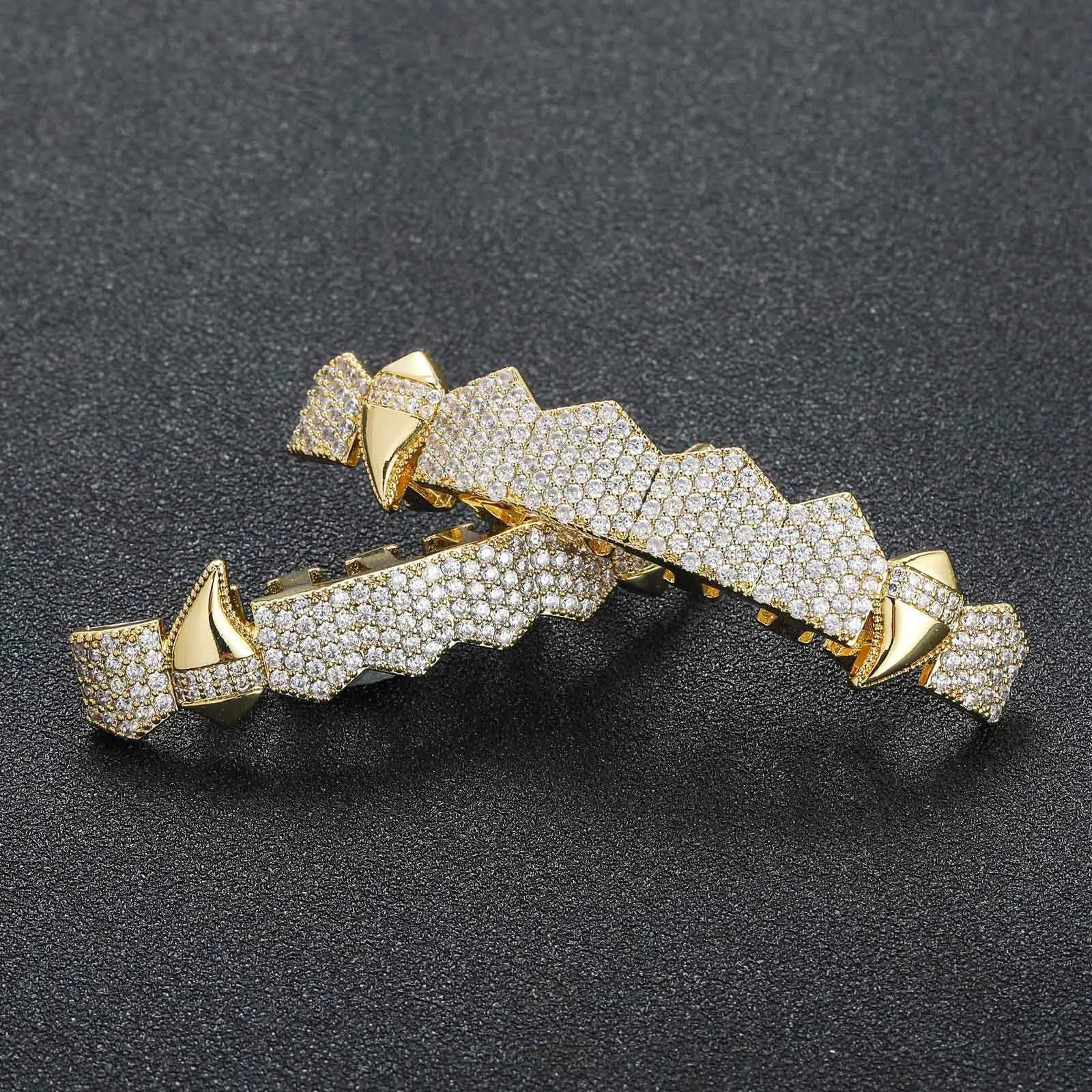 Gold Color Full CZ Teeth Grillz Caps Cubic Zircon Iced Out Micro Pave Top Bottom Charm Grills Set For Men Women Hip Hop JewelryXJ250114