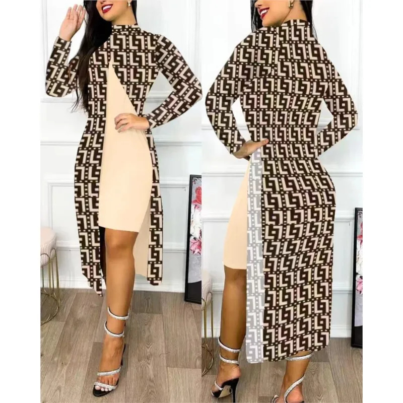 Two piece womens printed dress set full sleeve semi high neck split open front elegant firstline office ladies 250122