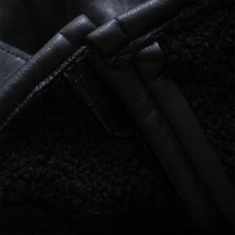 PB ZA winter womens simple high-end fashion black fur collar double-sided jacket pocket decoration long-sleeved coat 250122