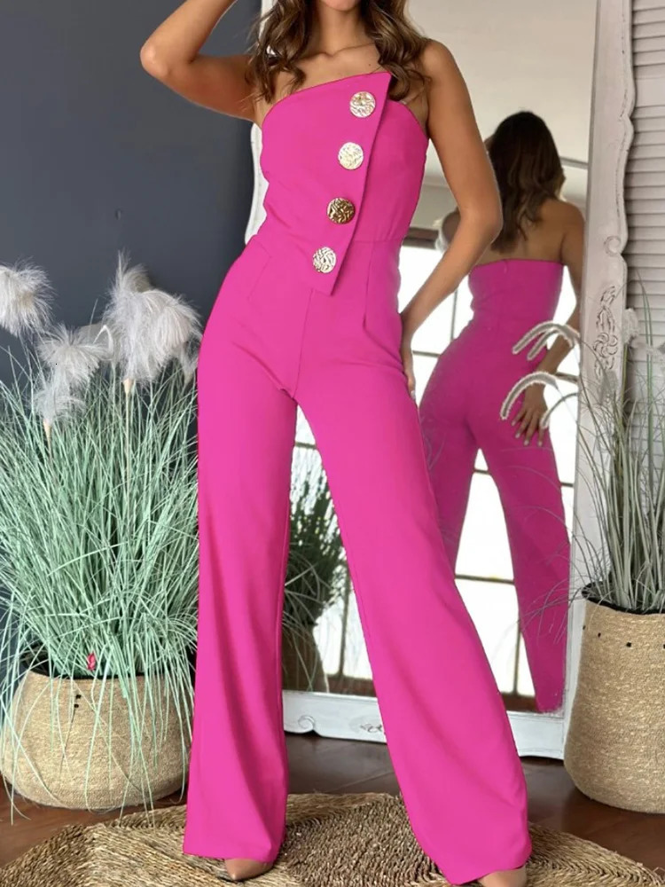 Summer Women Strapless Patchwork Jumpsuits Simple Sleeveless High Waist Playsuits Chic Wide Leg Pants Solid Bodysuits 250114