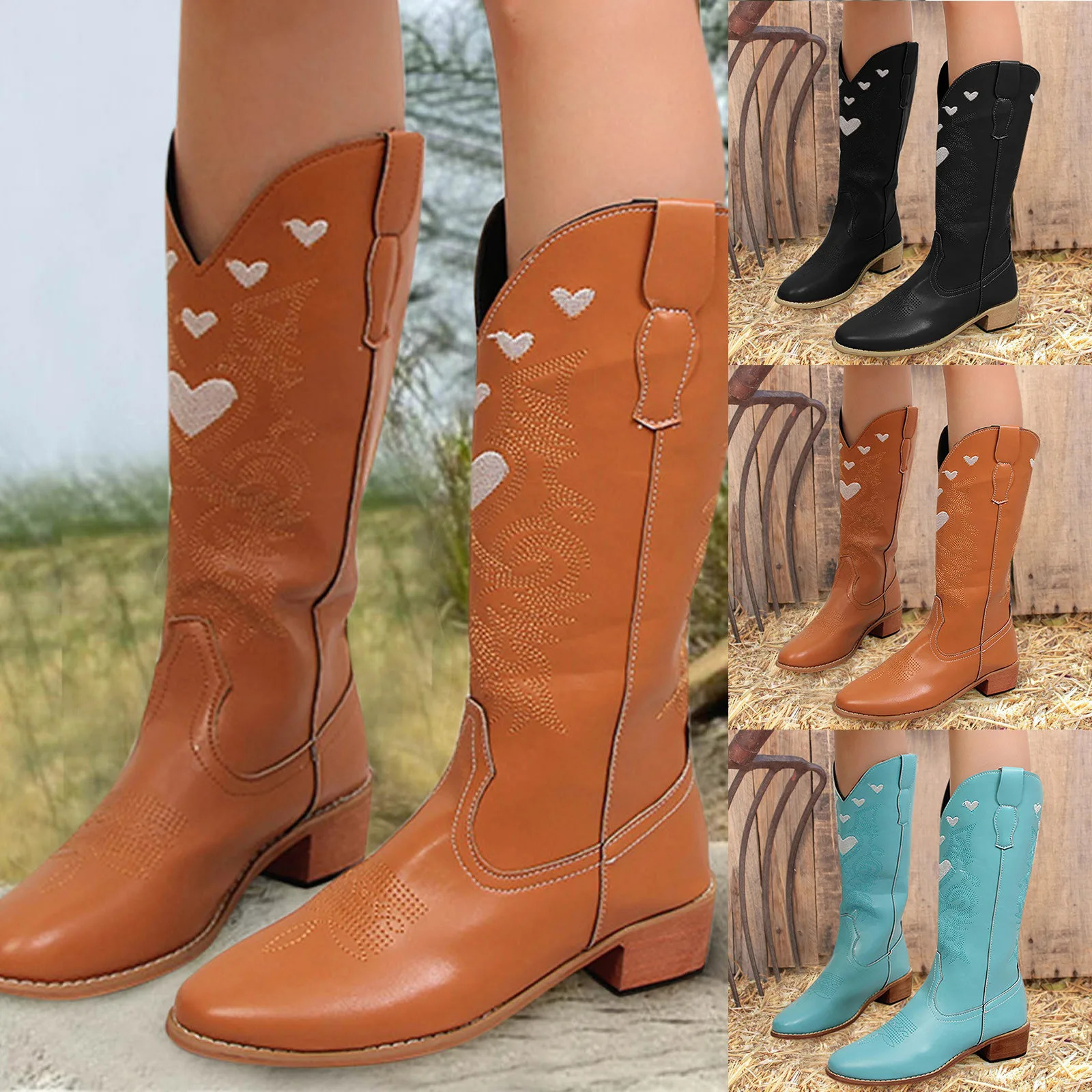 Pure Embroidered Thick Boots Style Fashion Love Womens Ethnic Color Bottom womens boots Rain Mid Calf 250117