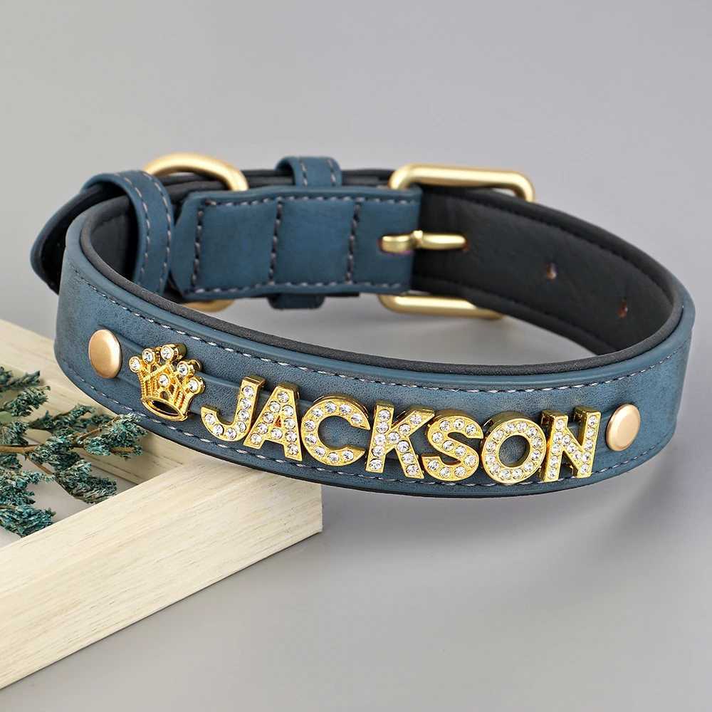 Custom Leather Dog Collar Personized Dogs Name Collars Bling Rhinestone Pet Necklace DIY Name Free Bone Paw Heart Charm X250129