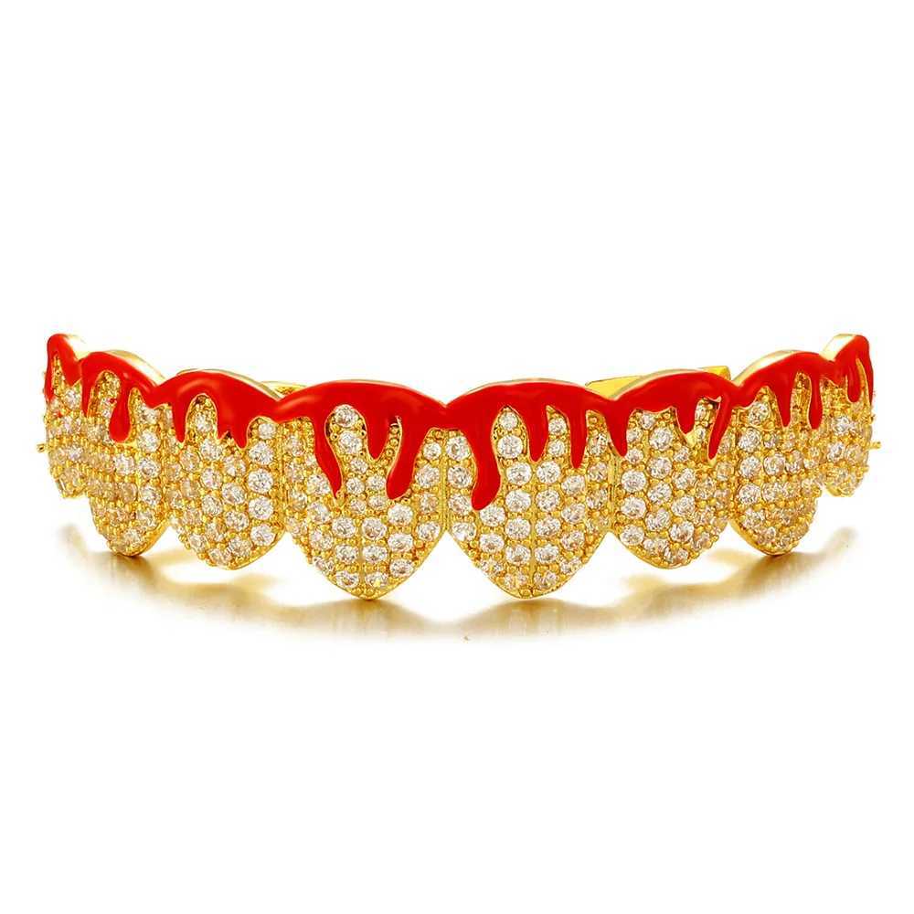 8/8 Red Drip Oil CZ Teeth Grillz Caps Cubic Zircon Iced Out Micro Pave Top Bottom Charm Grills For Men Women Jewelry GiftXJ250114