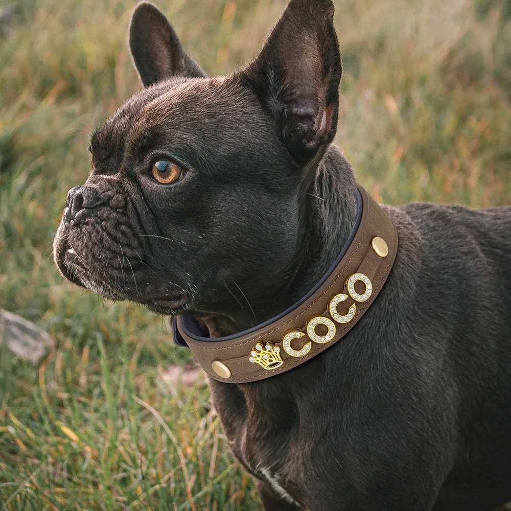 Custom Leather Dog Collar Personized Dogs Name Collars Bling Rhinestone Pet Necklace DIY Name Free Bone Paw Heart Charm X250129