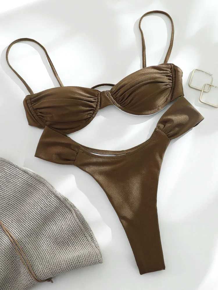 OIINAA Bathing Suit Women Sexy Solid Swimwear Pleated Bikini Set 2024 Summer Swimsuit Two-pieces New Beachwear Fe BiquinisXJ250120