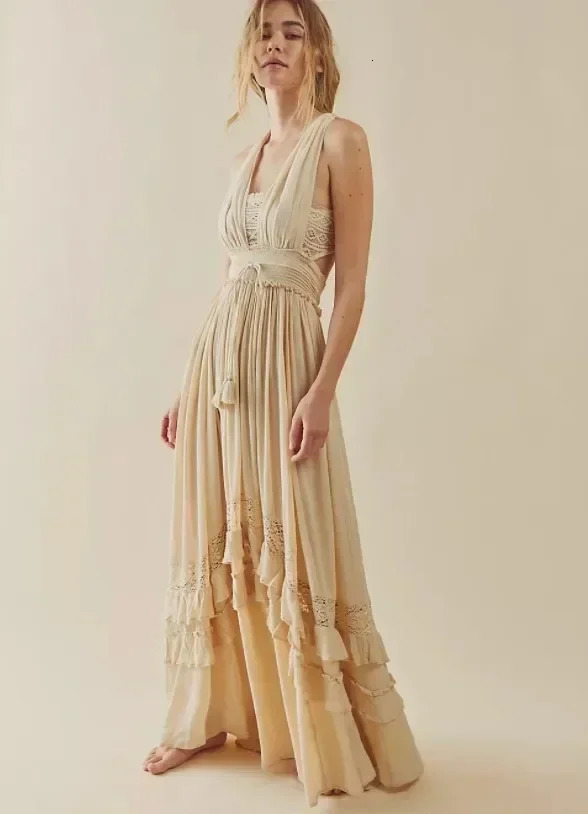 canwedance Summer Beach Dress Sleeveless Cotton Maxi Dresses Boho Style Solid Color Lace Ruffled Sundress Women Dresses 250117