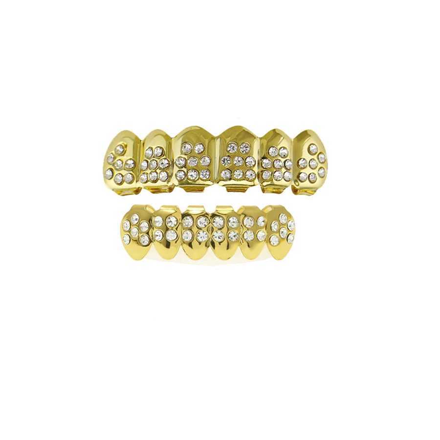 Gold Plated Iced Out CZ Teeth Grillz For Unisex Bling Full Zircon Pave Top Bottom Grills Set Punk Hip Hop Dental JewelryXJ250114