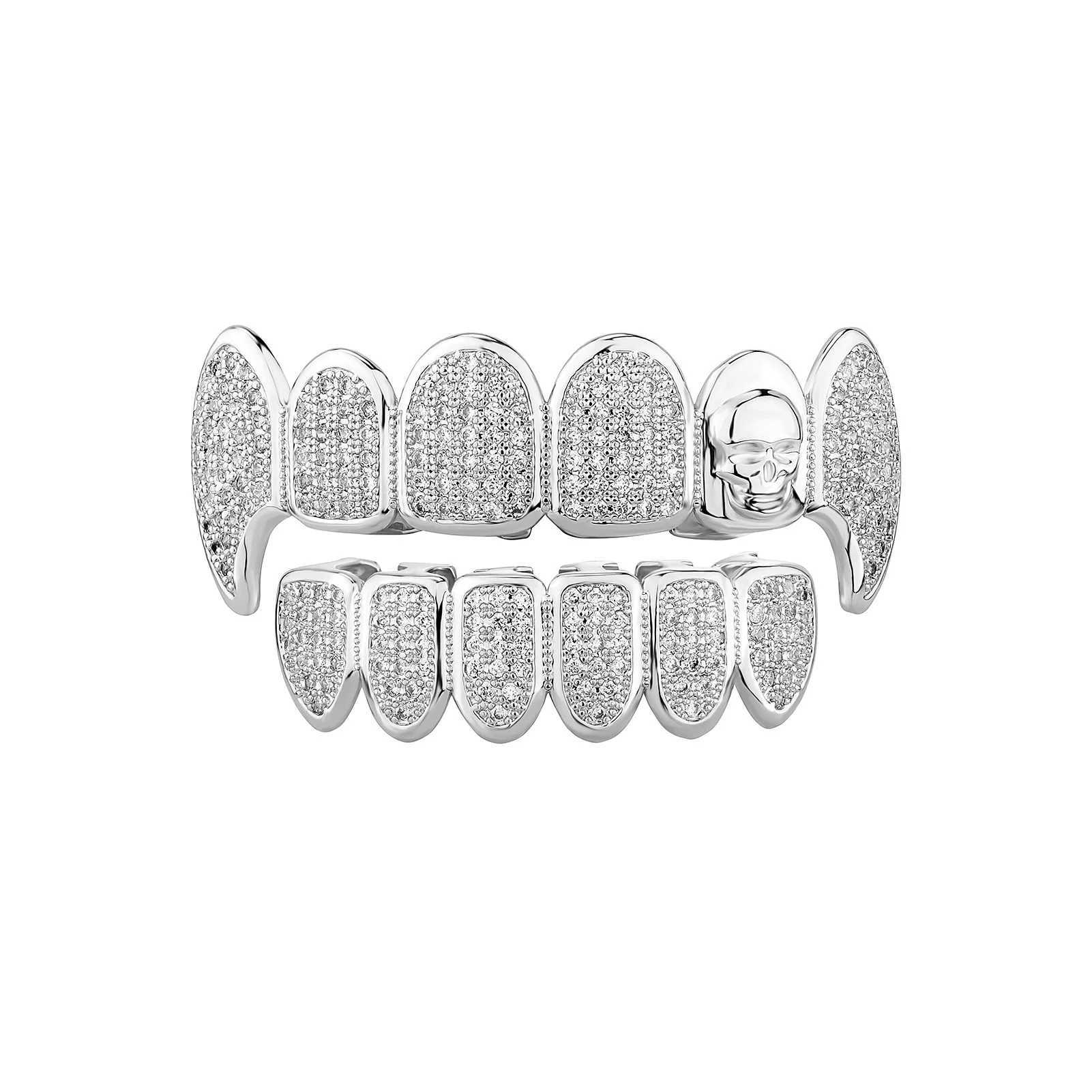 RACHELZ Hip Hop Skull Pattern Fangs Teeth Grillz Gold Plated Shiny Zircon Tooth Cap Decor Dental Grills For Men Women JewelryXJ250114