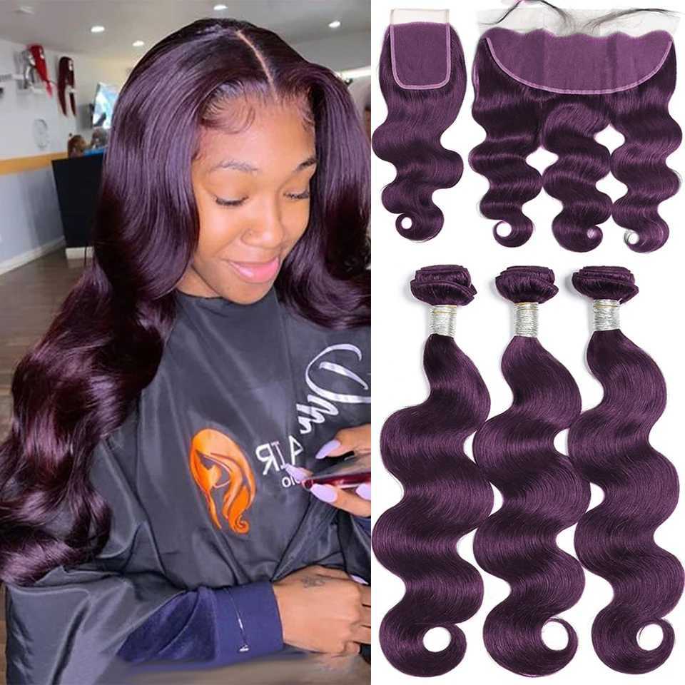 Dark Purple Cheap Body Wave Bundles With Clo 4x4 5x5 HD Lace Clo Frontal With 3/4 Bundles Remy Hair Swiss Lace CloXJ250120
