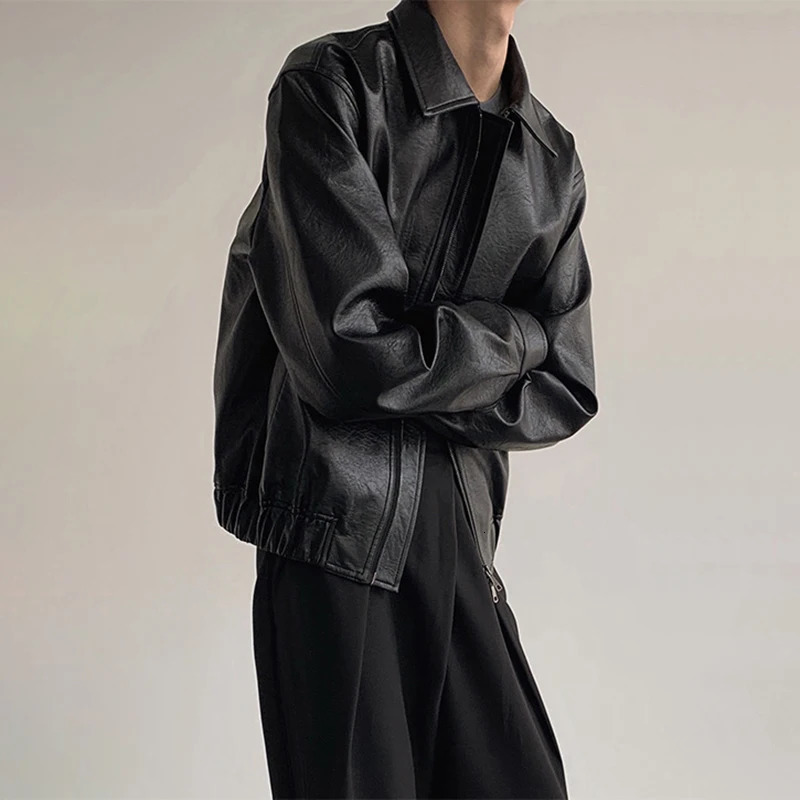 Vintage PU Leather Jackets Men Autumn Fashionable Solid Color Lapel Zip-up Leather Coats Men Stylish Loose Long Sleeve PU Jacket 250120