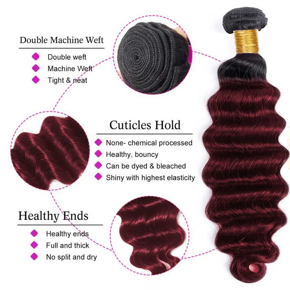 Ombre Bundles With Clo 4x4 6x6 T1b/99j Colored Loose Deep Wave Bundles With Clo Frontal Human Hair Bundles With FrontalXJ250120