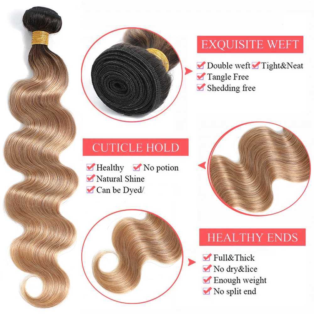 Ombre Body Wave Bundles With Frontal 1B/27 Blonde Colored Bundles With Clo Frontal Brazilian Human Hair Bundles With CloXJ250120