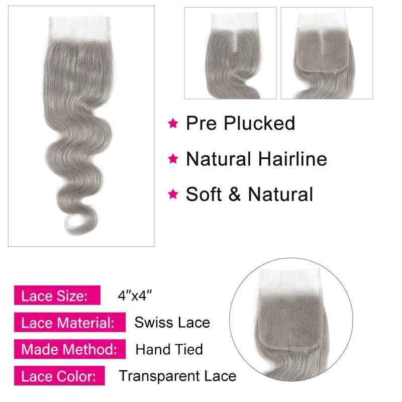 Silver Grey Bundle With Clo 4x4 Brazilian Body Wave Hair Weave Bundles With Lace Clo Remy 100% Human Hair Extension SOKUXJ250120