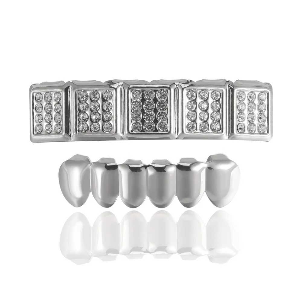 Hip Hop CZ Stones Teeth Grillz Set For Unisex Top Bottom Mouth Teeth Grills Shiny CZ Fashion Jewelry For GiftXJ250114