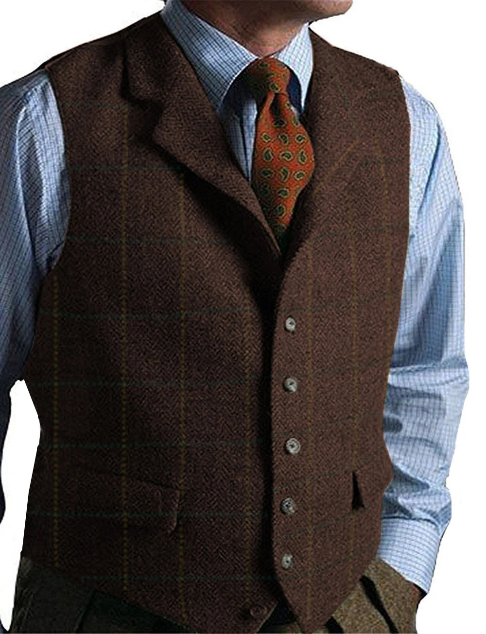 Mens Vest Green Tweed Wool Waistcoat Slim Fit Lapel Plaid Suit Herringbone Tuxedo for wedding custom 250114Z