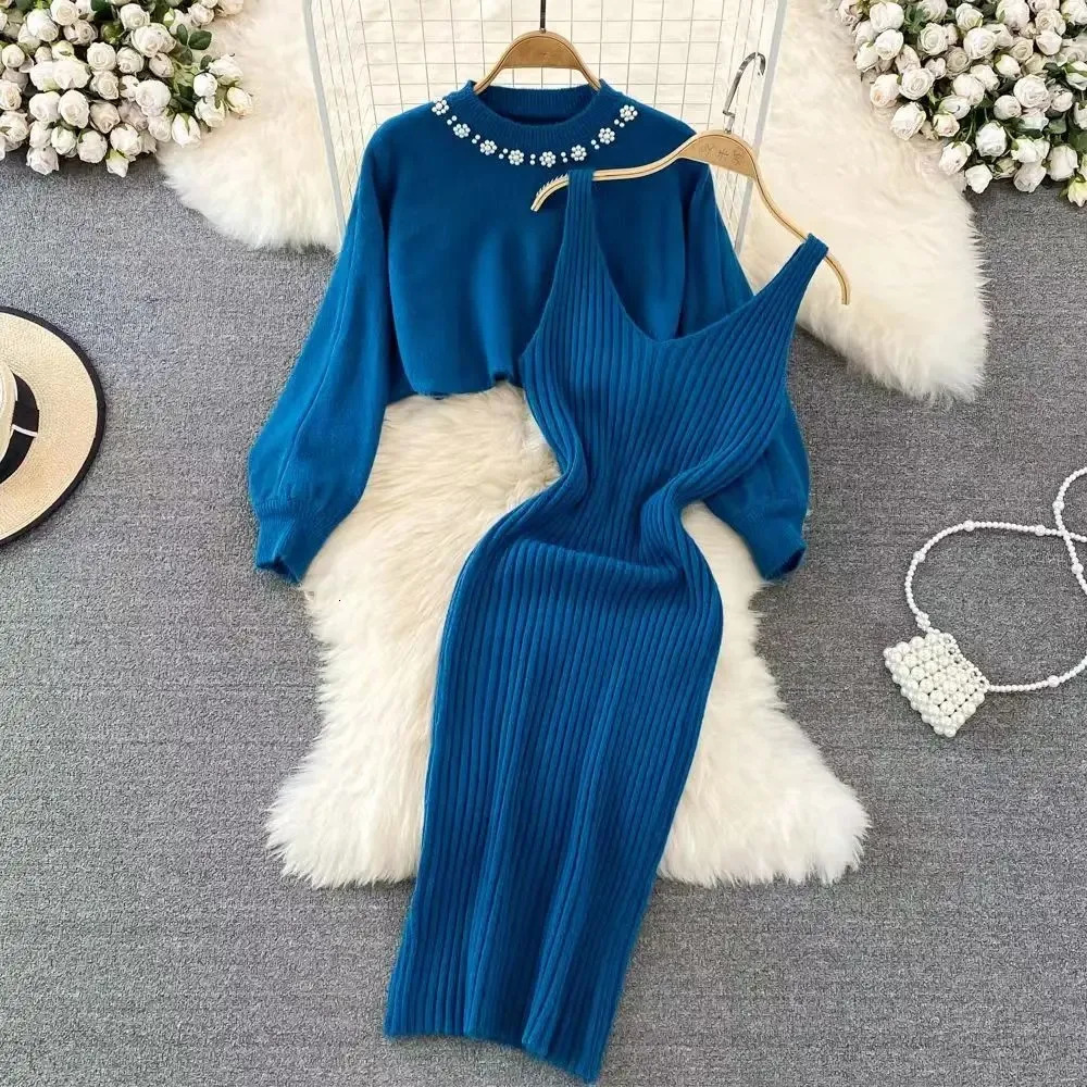 Women Sweater Midi Dress Set Casual Pullovers Suits Autumn Winter O-neck Long Sleeve Knitted Solid Slim Elegance Tops Elastic 250113