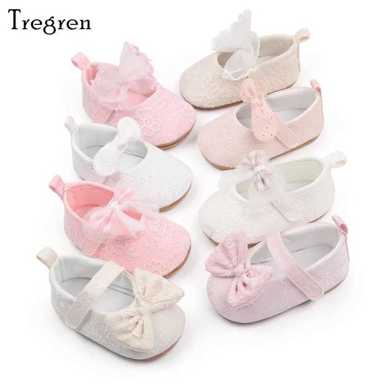 Tregren Cute Newborn Baby Girl Princess Shoes Baby Moccasins Soft Bow Lace Flower Crib Shoes Rubber Sold Non-slip First Walkers X250129