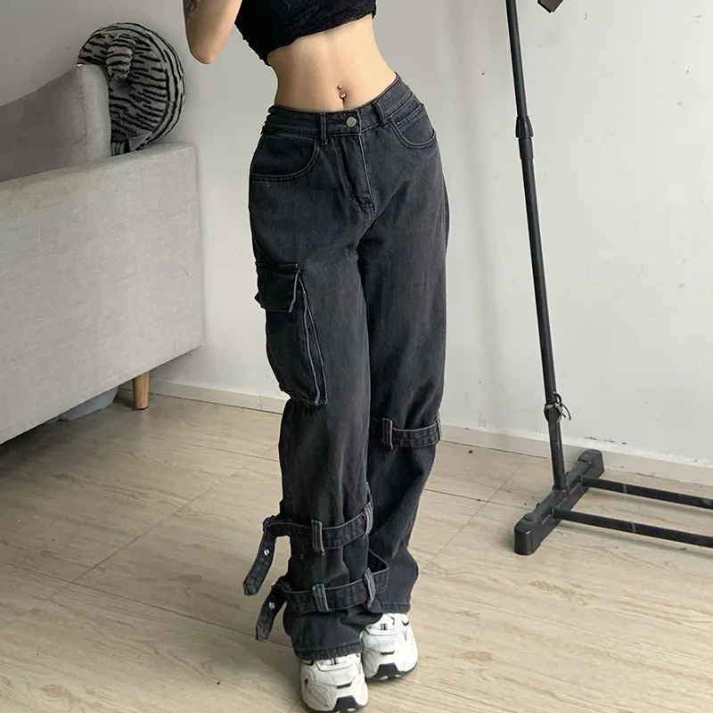 American Retro Smoke Grey Overalls Jeans Womens Y2K Street Hip Hop Trend Versatile Wide Leg Pants Casual High Waist Sexy Jeans 250109