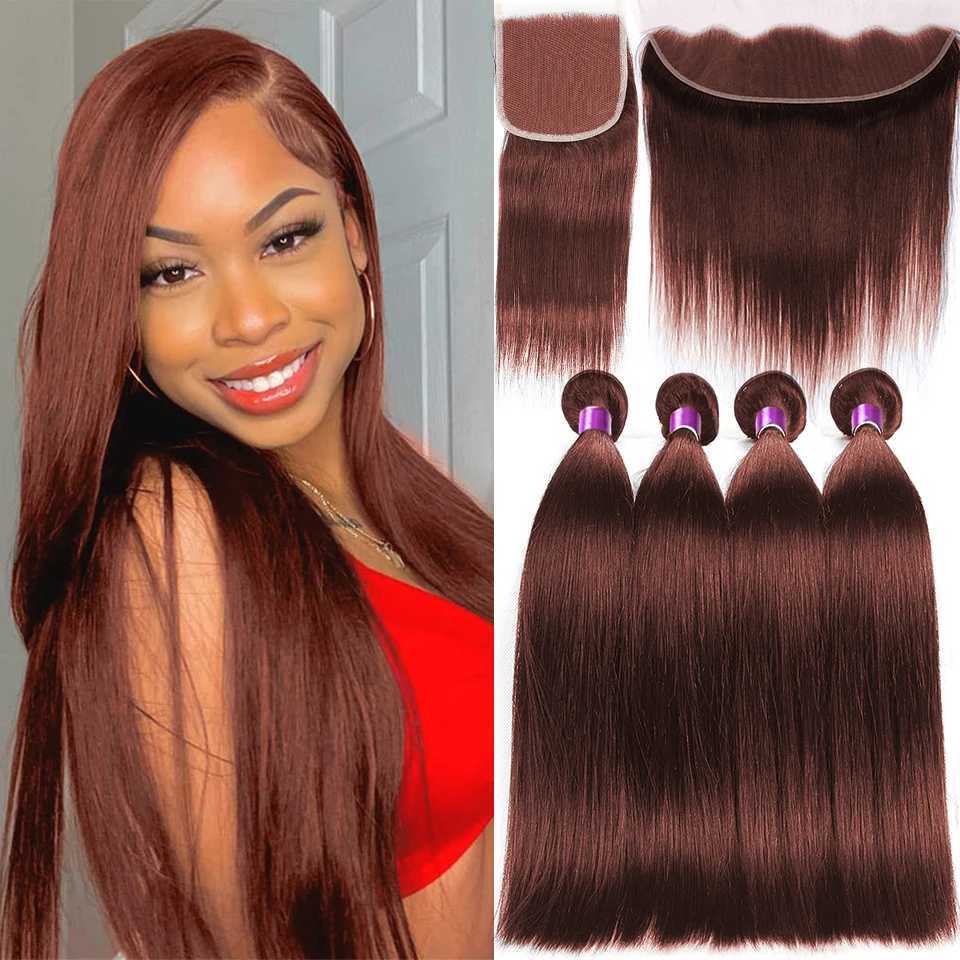 #33 Auburn Reddish Brown Colored Bone Straight Human Hair Bundles with Clo 4x4 Lace Clo With Bundles and Frontal RemyXJ250120