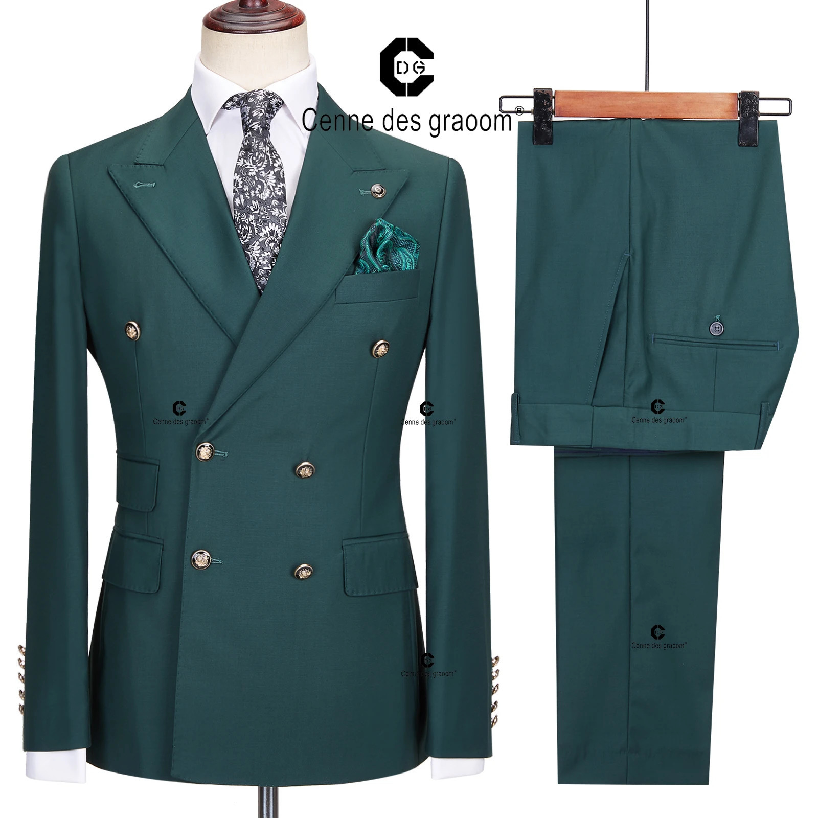 Cenne Des Graoom 2023 Elegant Suits For Men Green Double Breasted 2 Pieces Set Slim Fit High Quality Wedding Party Costume 250122