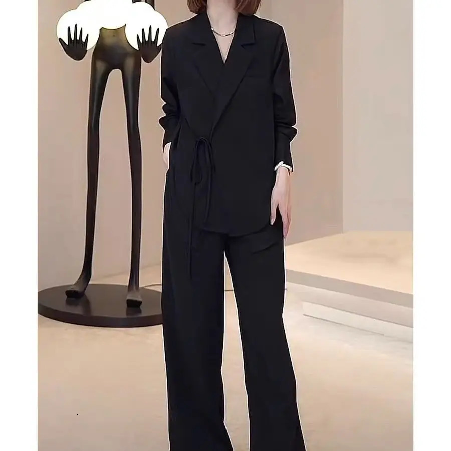 Summer Hollow Sun Protection Chiffon Shirt Blazer Wide Leg Pants Two Piece Set Elegant Womens Office Outfits 250114Z