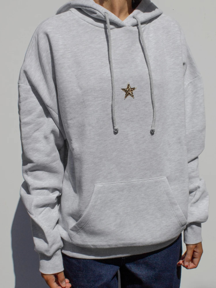 European and American crossborder womens long sleeved star printed shoulder down hooded drawstring sweatshirt 250122