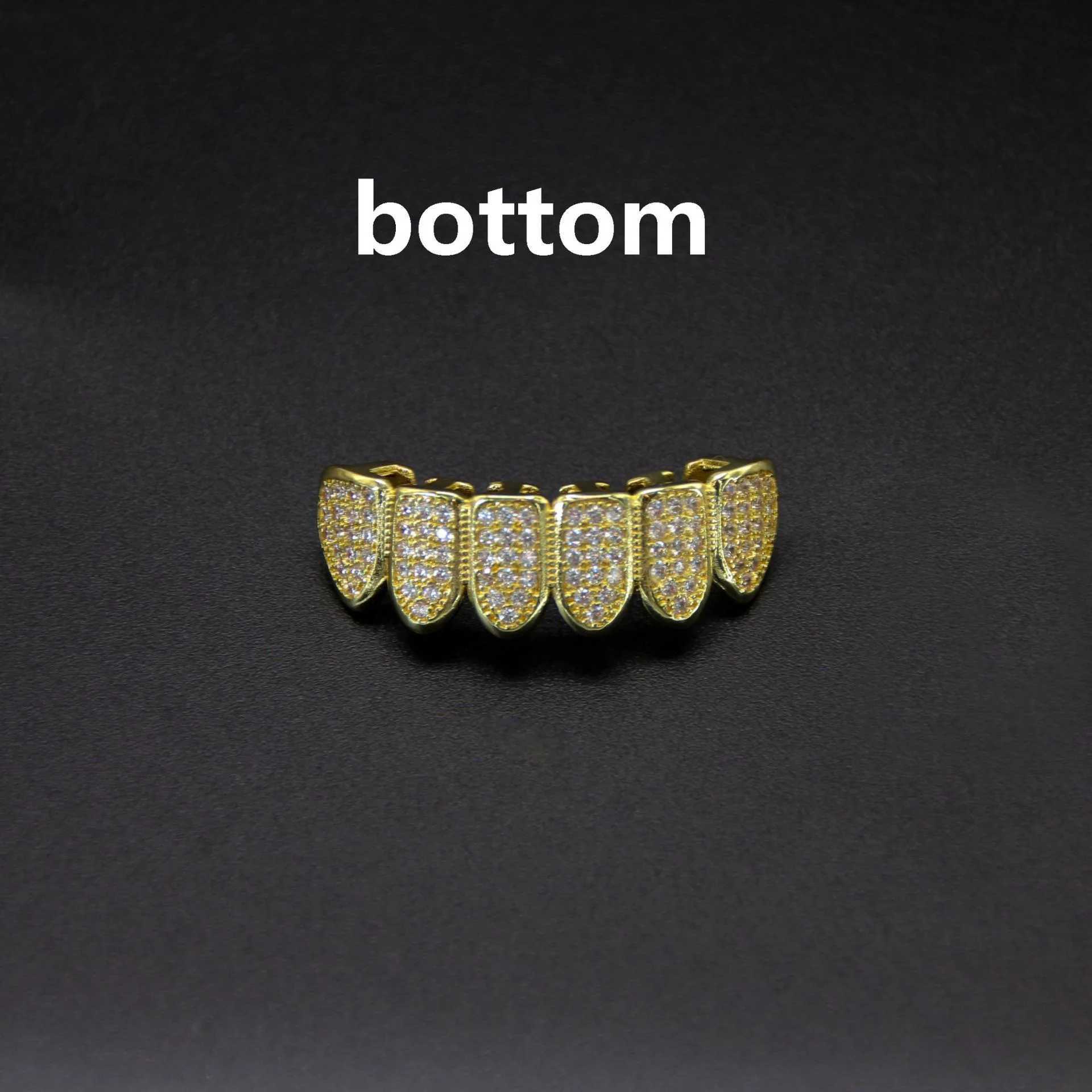 1set Hip Hop Full Iced Out Teeth Grillz Gold Plated Dental Grills Tooth Grillz Caps Crystal Teeth Caps Halloween Vampire ToothXJ250114